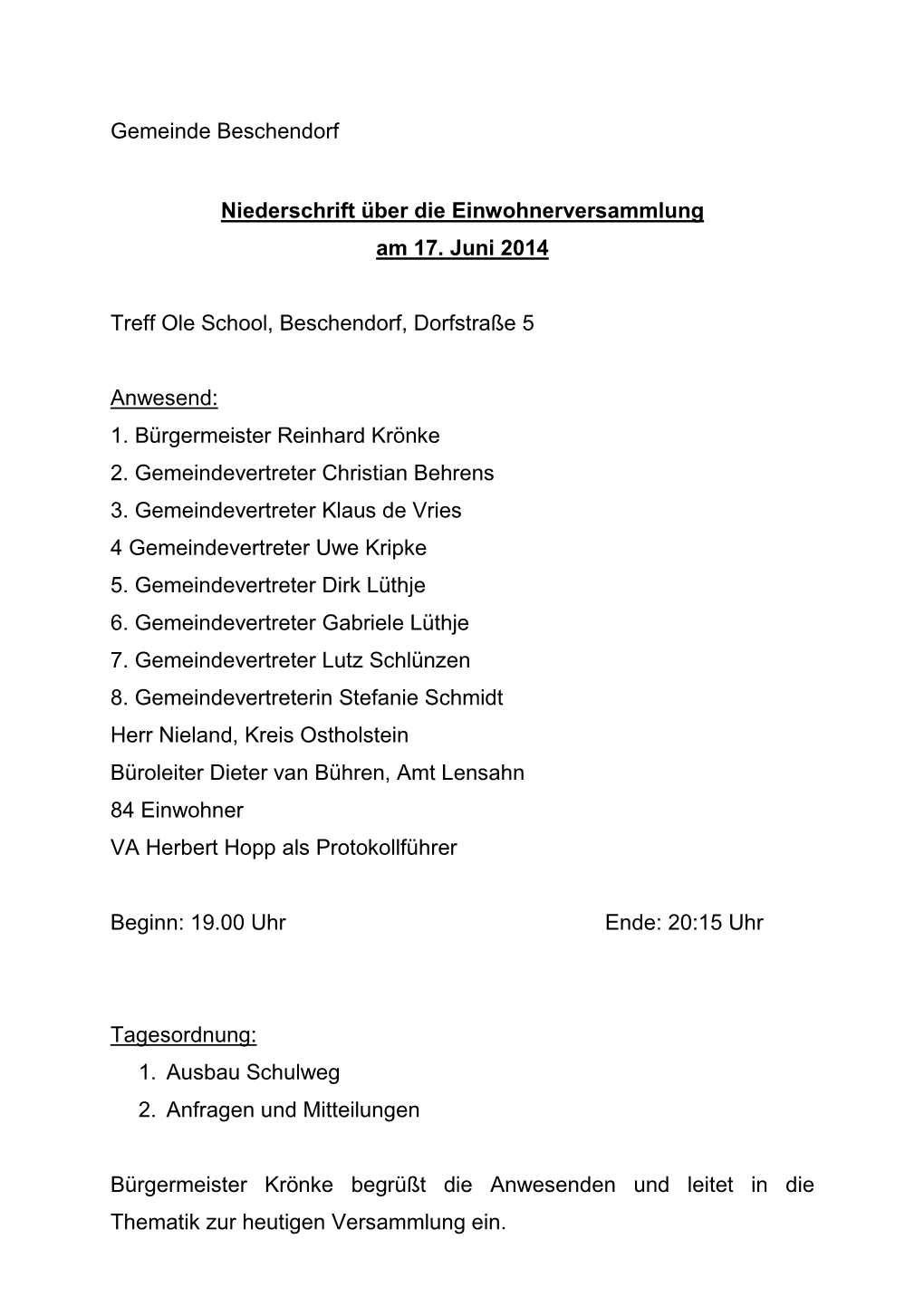 Gemeinde Beschendorf Niederschrift Über Die Einwohnerversammlung