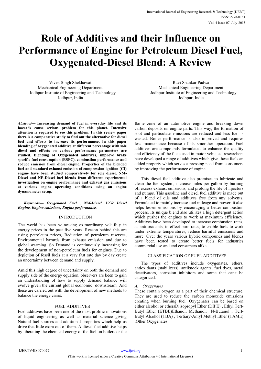 Role of Additives and Their Influence on Performance of Engine for Petroleum Diesel Fuel, Oxygenated-Diesel Blend: a Review