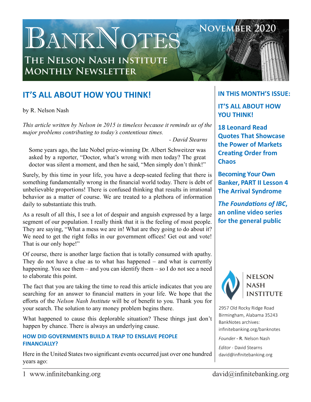 Banknotes - the Nelson Nash Institute Monthly Newsletter - July 2019 November 2020 Banknotes the Nelson Nash Institute Monthly Newsletter