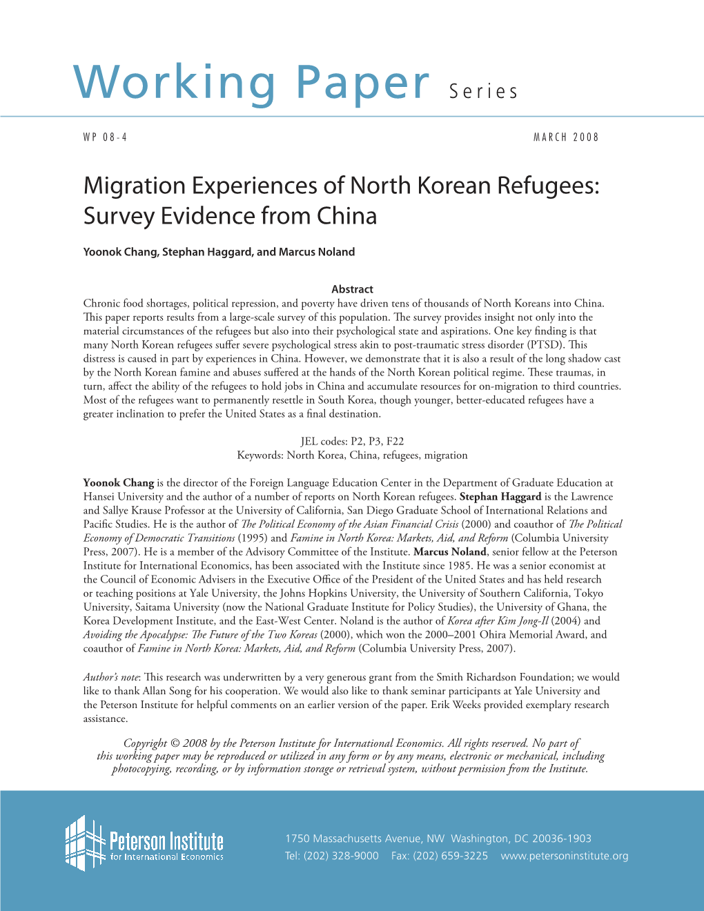 WP08-4: Migration Experiences of North Korean Refugees: Survey