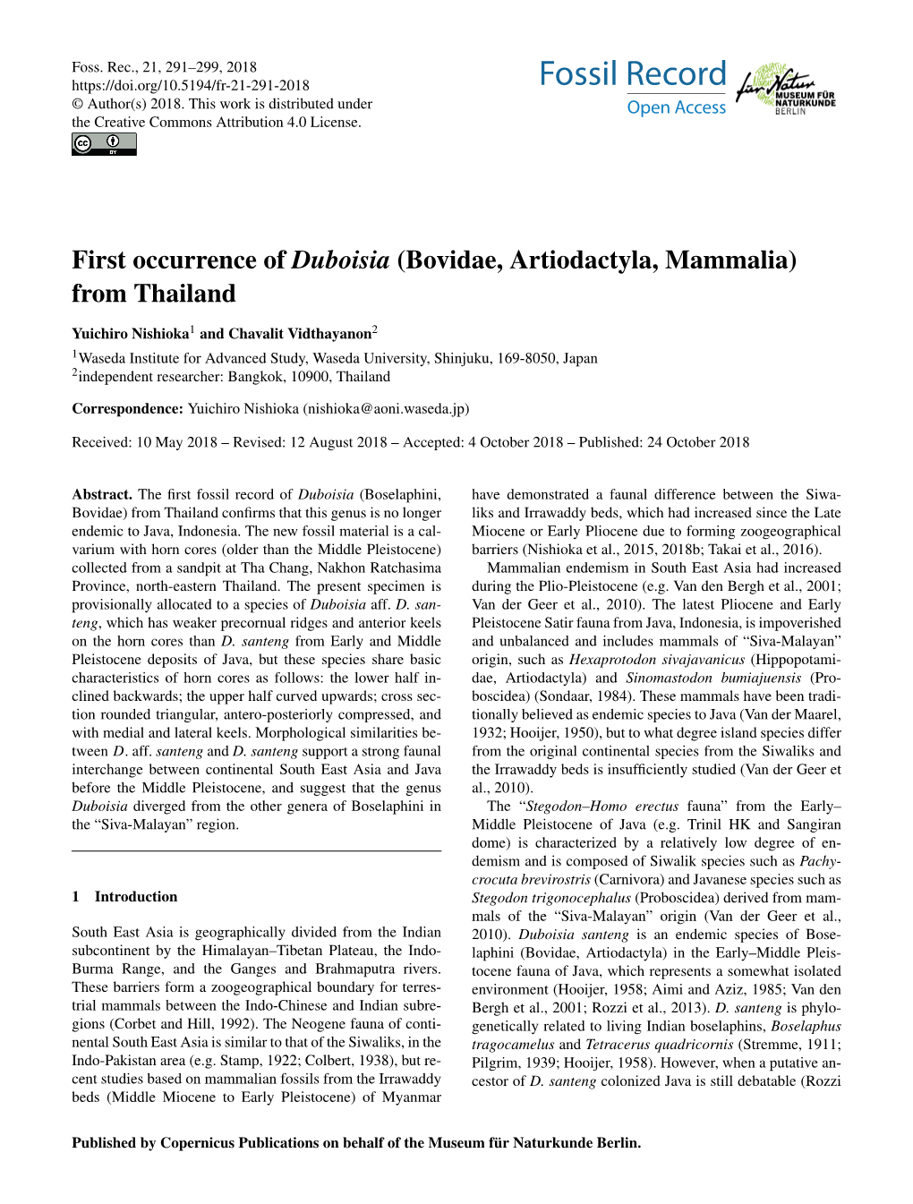 First Occurrence of Duboisia (Bovidae, Artiodactyla, Mammalia) from Thailand