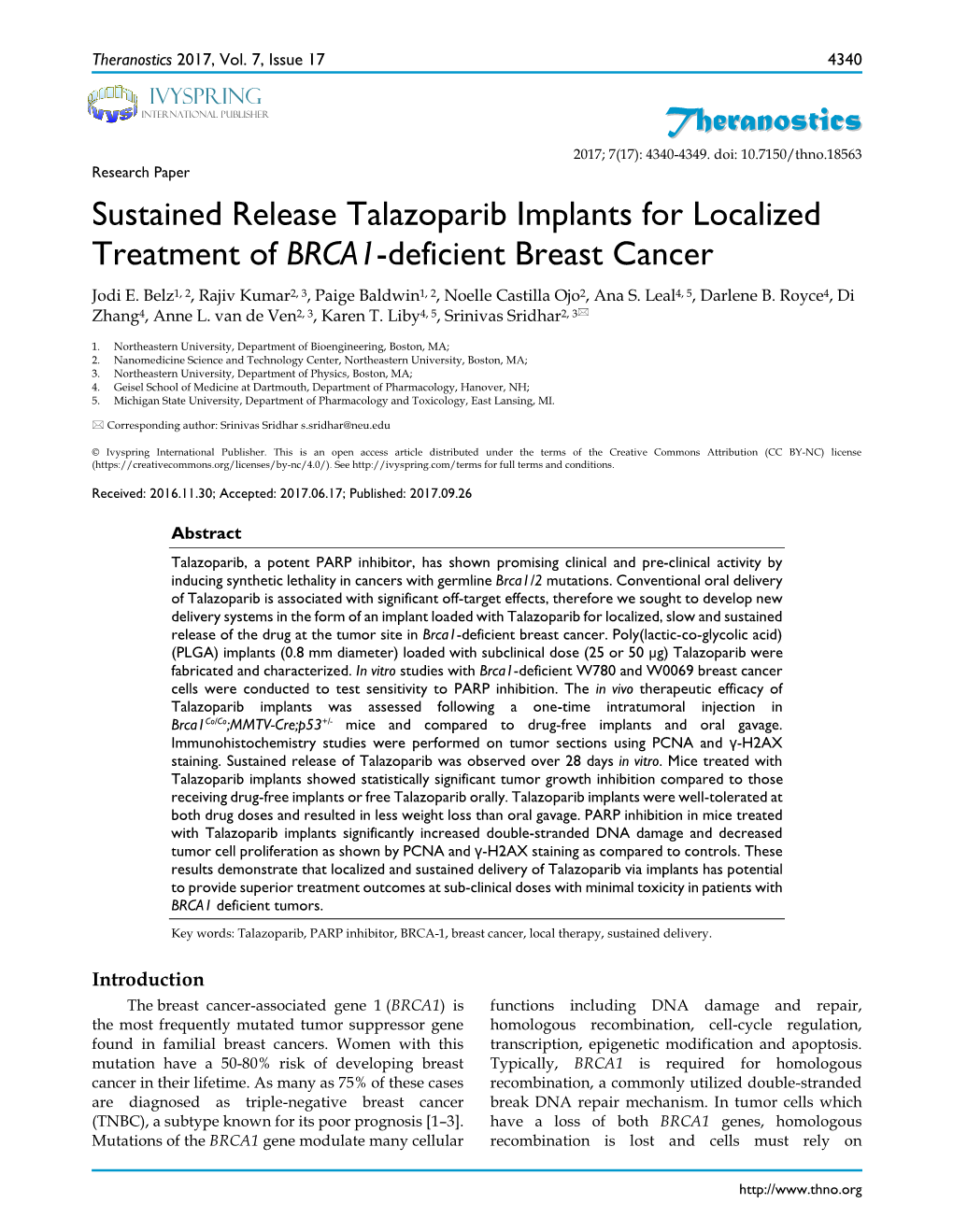 Sustained Release Talazoparib Implants for Localized Treatment of BRCA1-Deficient Breast Cancer Jodi E