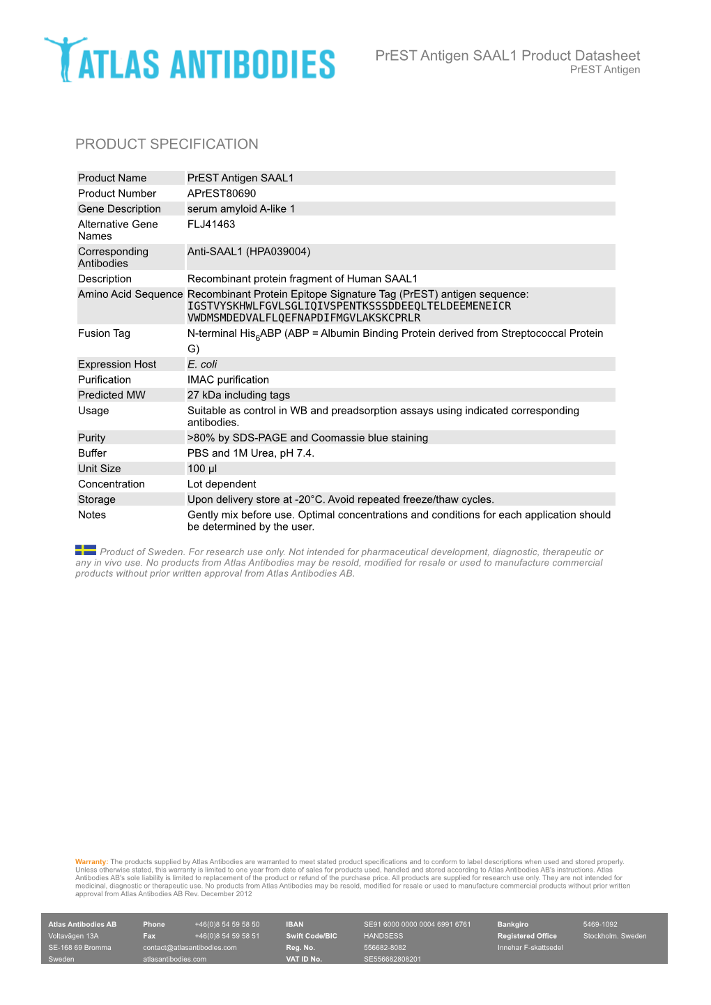 PRODUCT SPECIFICATION Prest Antigen SAAL1 Product Datasheet