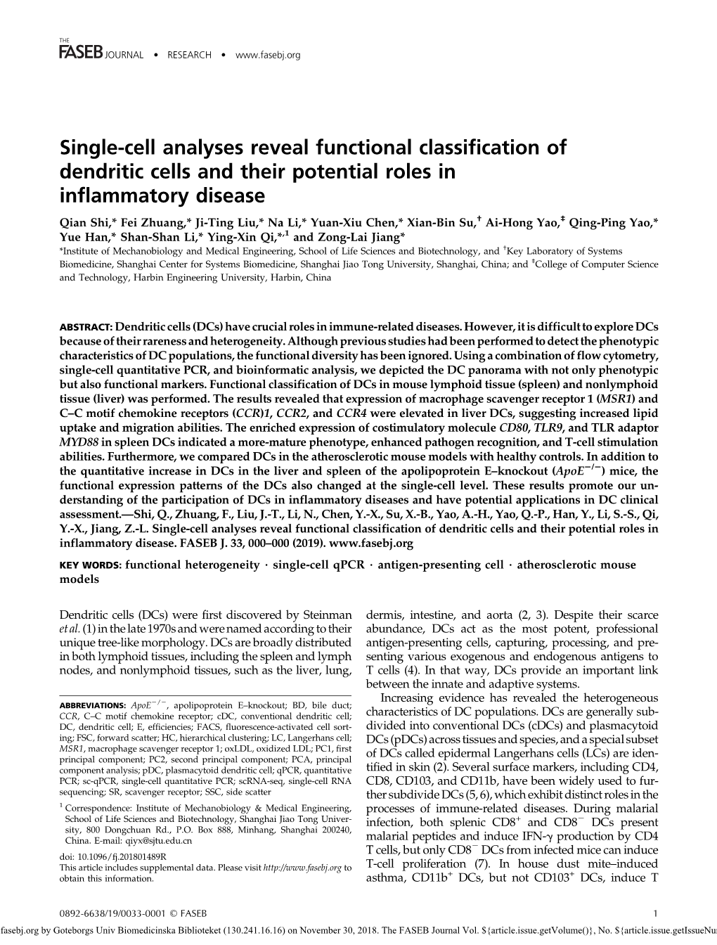 Single-Cell Analyses Reveal Functional Classification of Dendritic Cells and Their Potential Roles in Inflammatory Disease