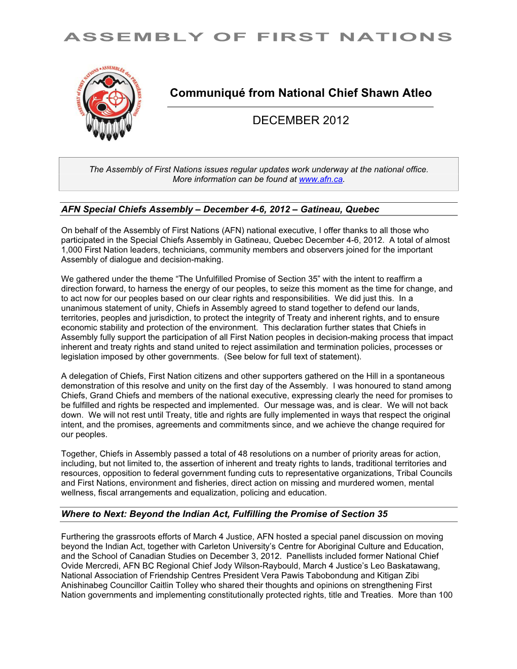 ASSEMBLY of FIRST NATIONS Communiqué from National Chief
