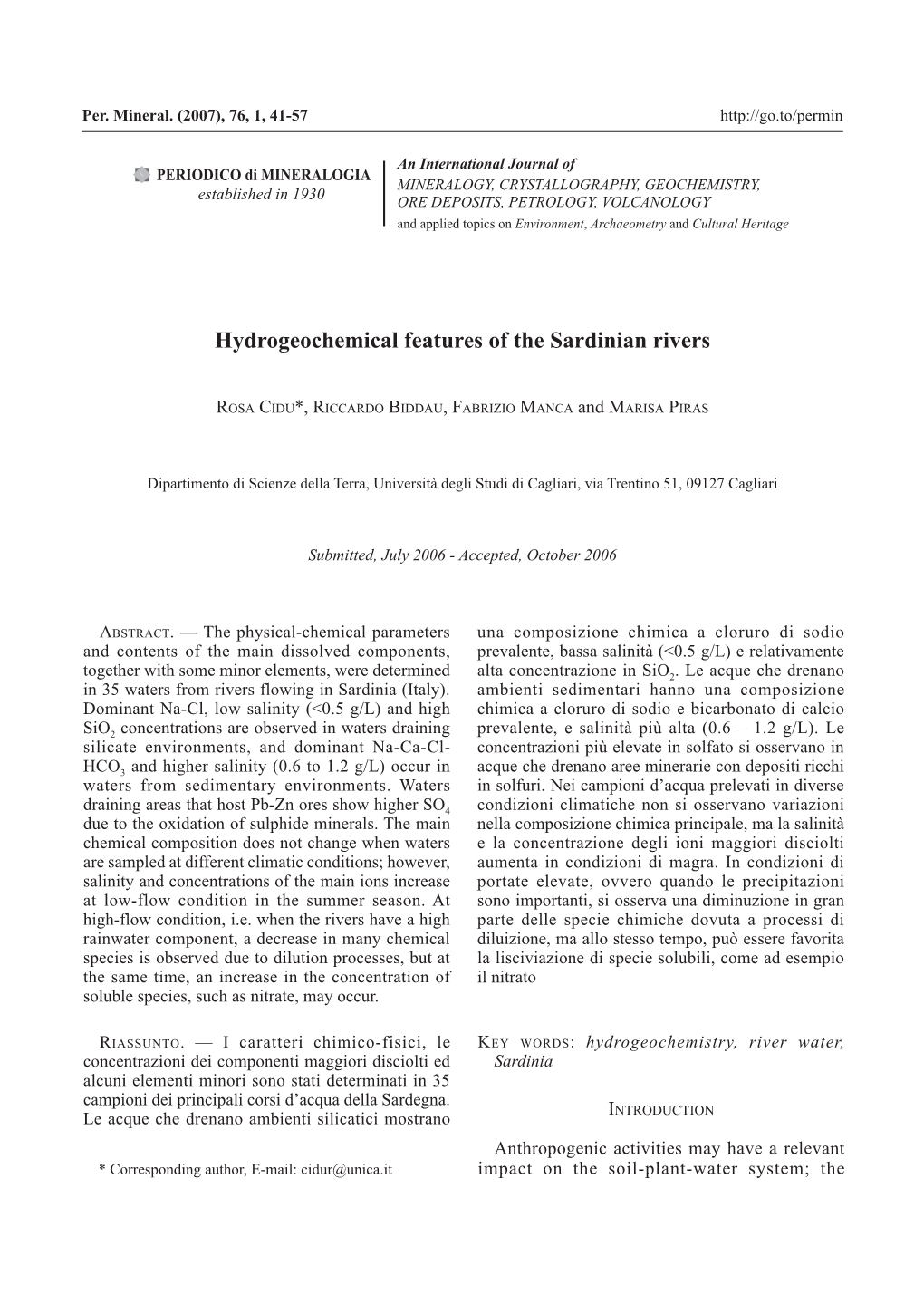 Hydrogeochemical Features of the Sardinian Rivers