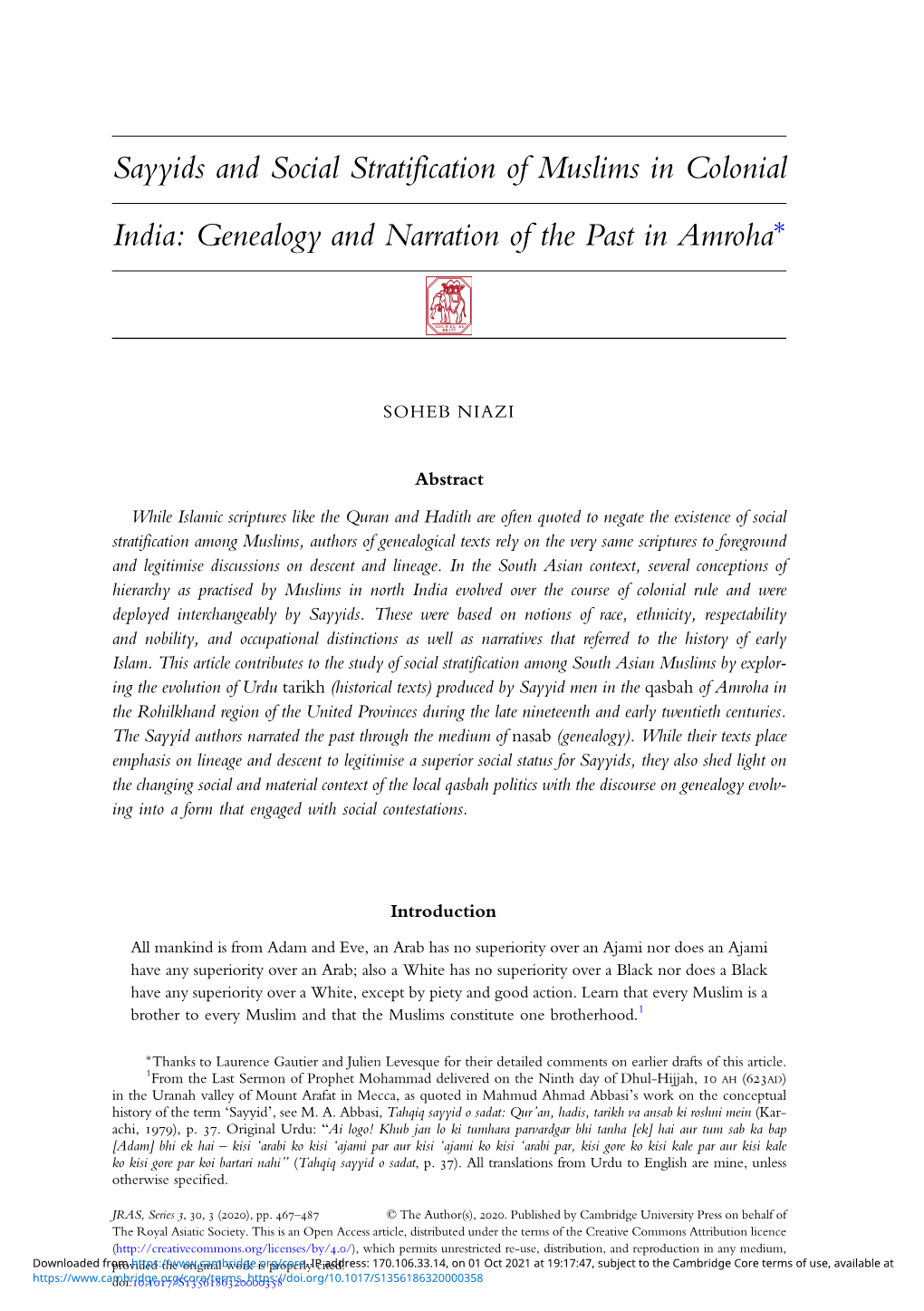 Sayyids and Social Stratification of Muslims in Colonial India: Genealogy and Narration of the Past in Amroha∗