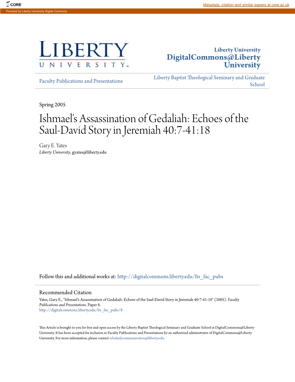 Ishmael's Assassination of Gedaliah: Echoes of the Saul-David Story in Jeremiah 40:7-41:18 Gary E