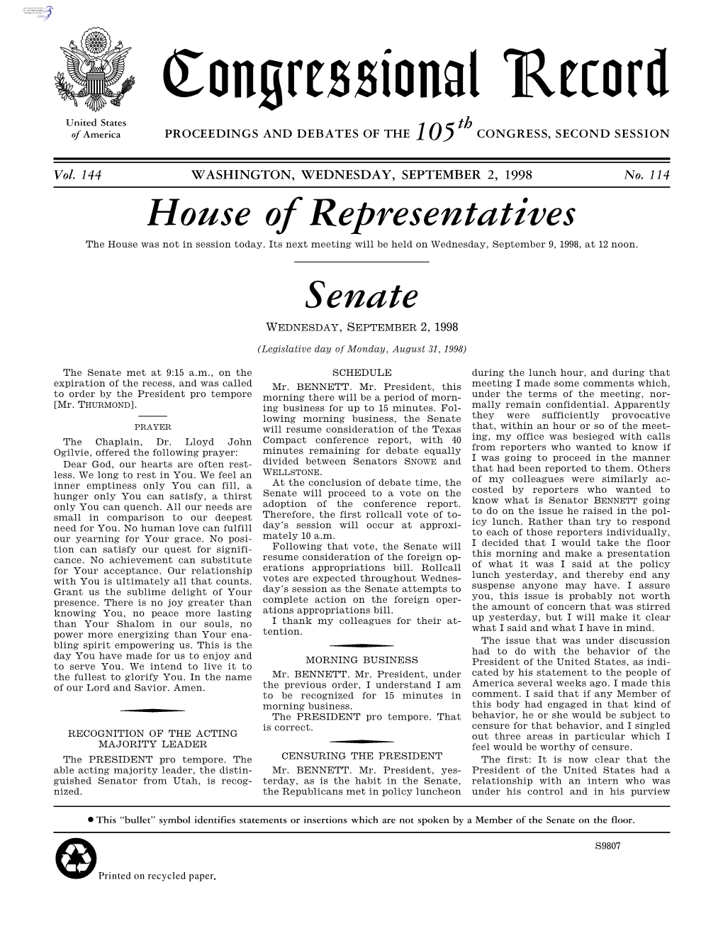 Congressional Record United States Th of America PROCEEDINGS and DEBATES of the 105 CONGRESS, SECOND SESSION