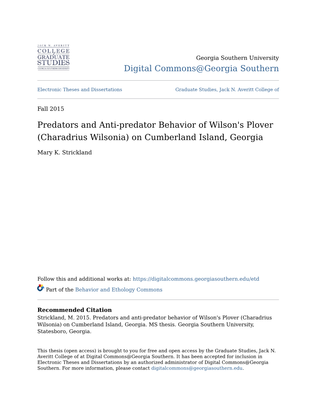 Predators and Anti-Predator Behavior of Wilson's Plover (Charadrius Wilsonia) on Cumberland Island, Georgia