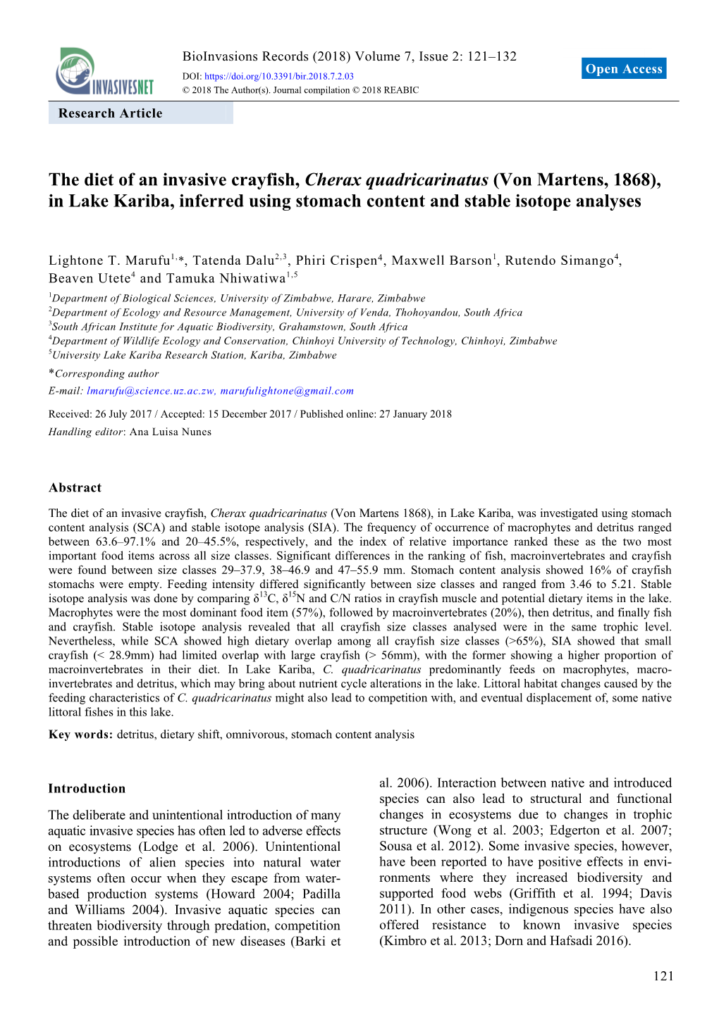 The Diet of an Invasive Crayfish, Cherax Quadricarinatus (Von Martens, 1868), in Lake Kariba, Inferred Using Stomach Content and Stable Isotope Analyses