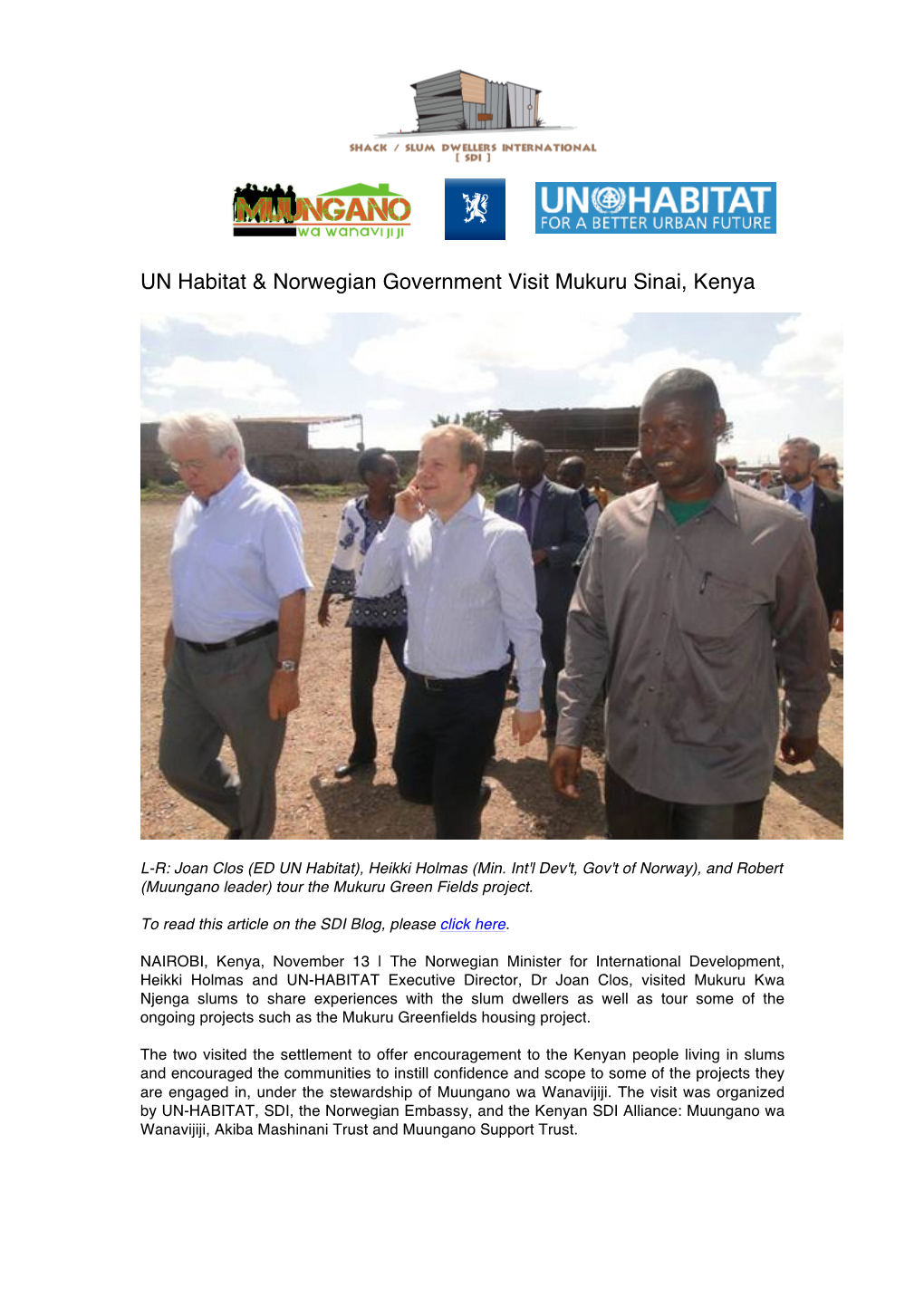 UN Habitat & Norwegian Government Visit Mukuru Sinai, Kenya