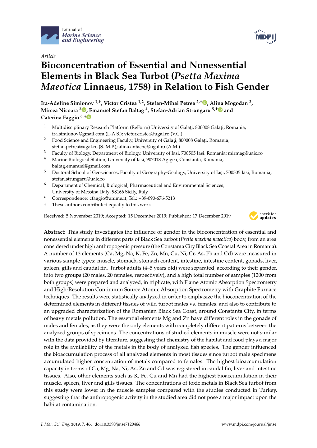 Bioconcentration of Essential and Nonessential Elements in Black Sea Turbot (Psetta Maxima Maeotica Linnaeus, 1758) in Relation to Fish Gender