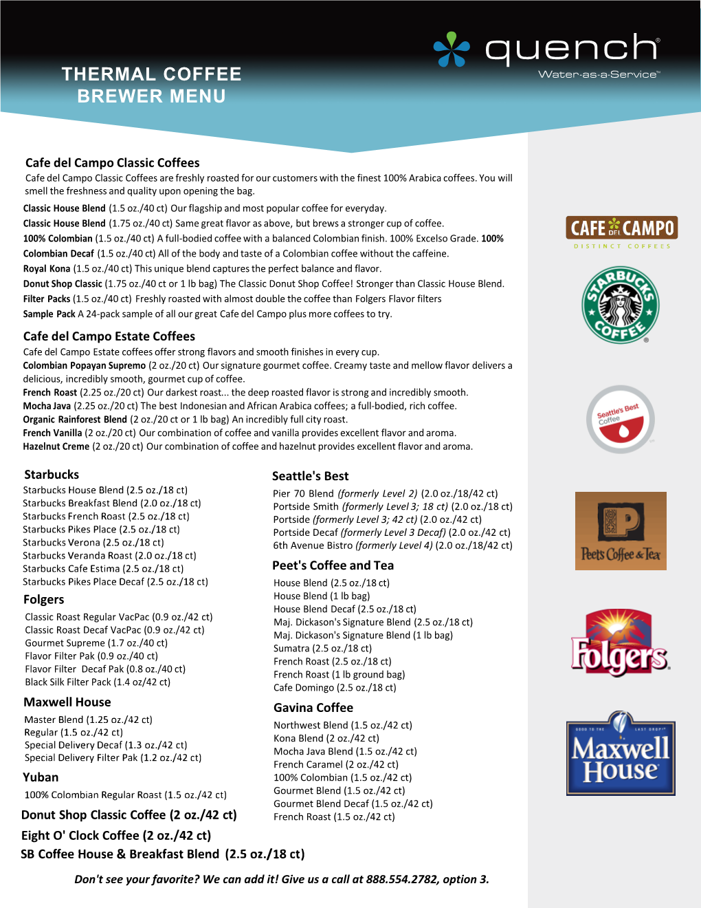 Thermal Coffee Brewer Menu