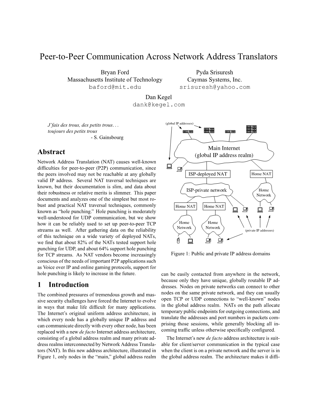 Peer-To-Peer Communication Across Network Address Translators