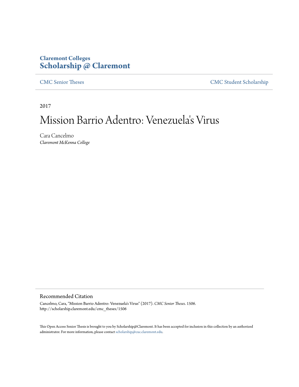 Mission Barrio Adentro: Venezuela's Virus Cara Cancelmo Claremont Mckenna College