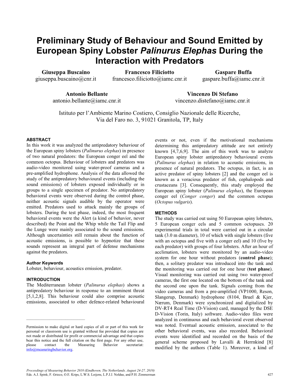 Preliminary Study of Behaviour and Sound Emitted by European Spiny Lobster Palinurus Elephas During the Interaction