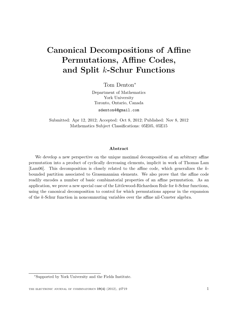 Canonical Decompositions of Affine Permutations, Affine Codes, And