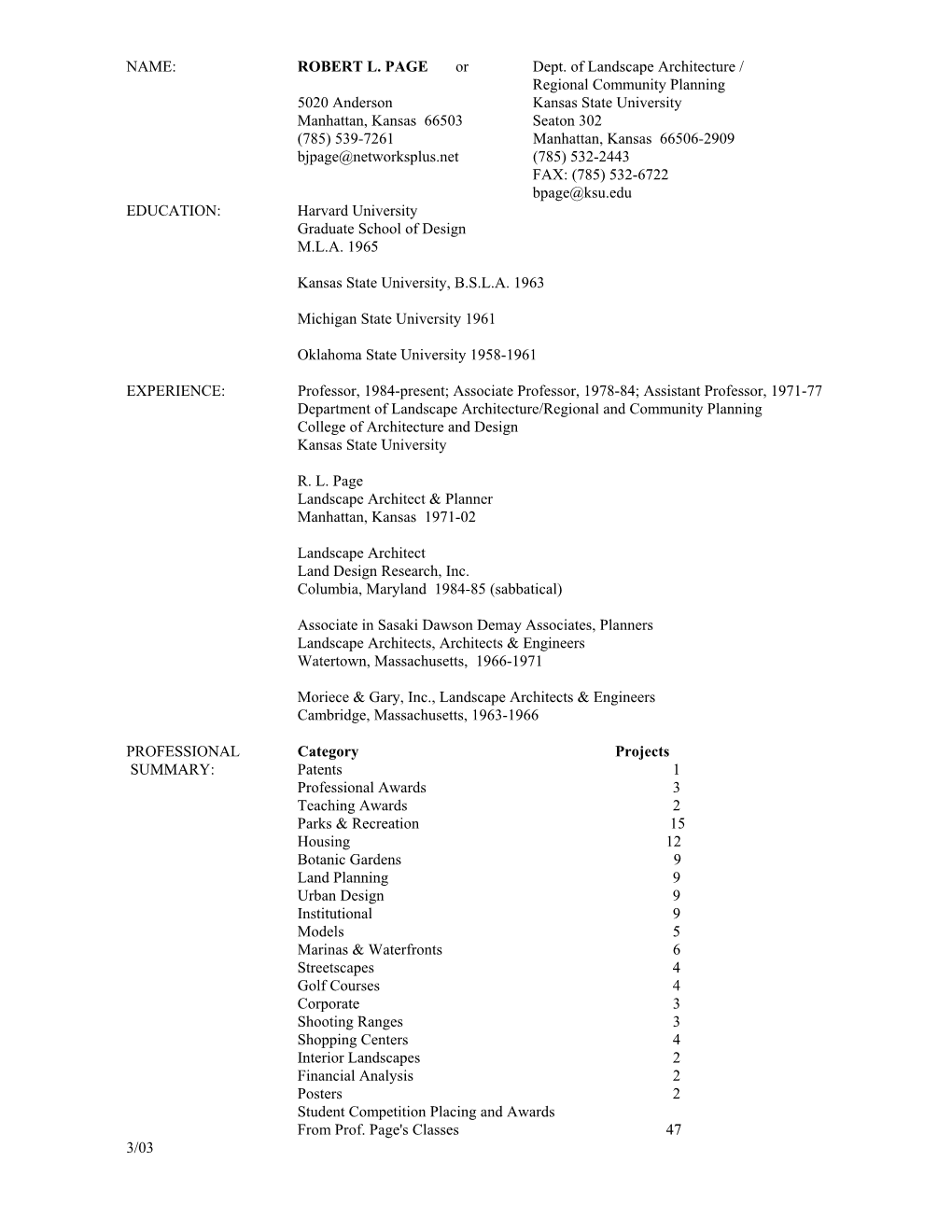 NAME: ROBERT L. PAGE Or Dept. of Landscape Architecture / Regional