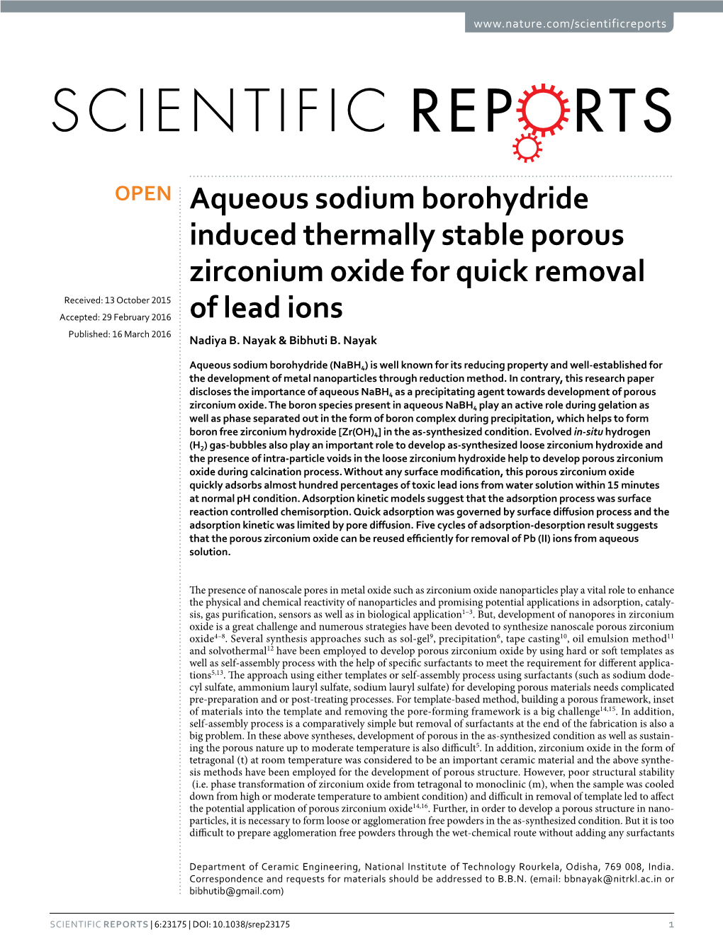 Aqueous Sodium Borohydride Induced Thermally Stable Porous Zirconium