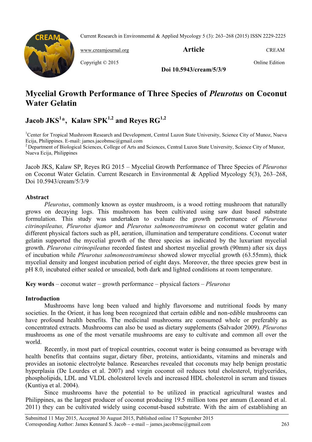 Mycelial Growth Performance of Three Species of Pleurotus on Coconut Water Gelatin