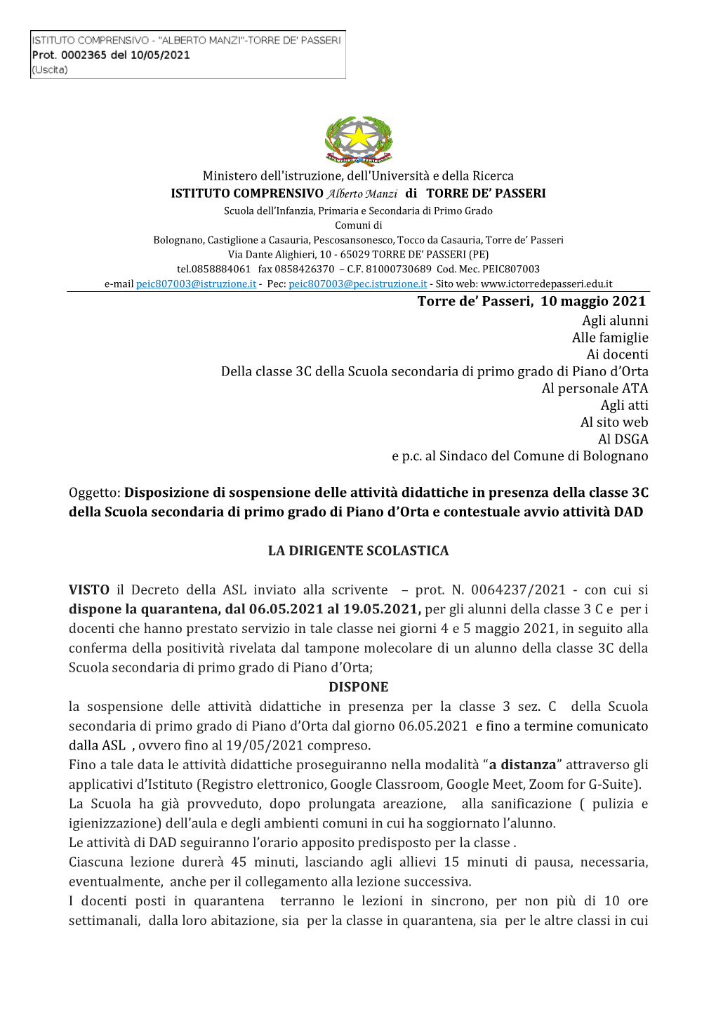 Torre De' Passeri, 10 Maggio 2021 Agli Alunni Alle Famiglie Ai Docenti Della Classe 3C Della Scuola Secondaria Di Primo Grado