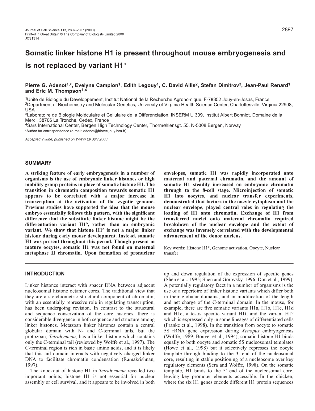 Linker Histone H1 in Early Mouse Embryogenesis 2899