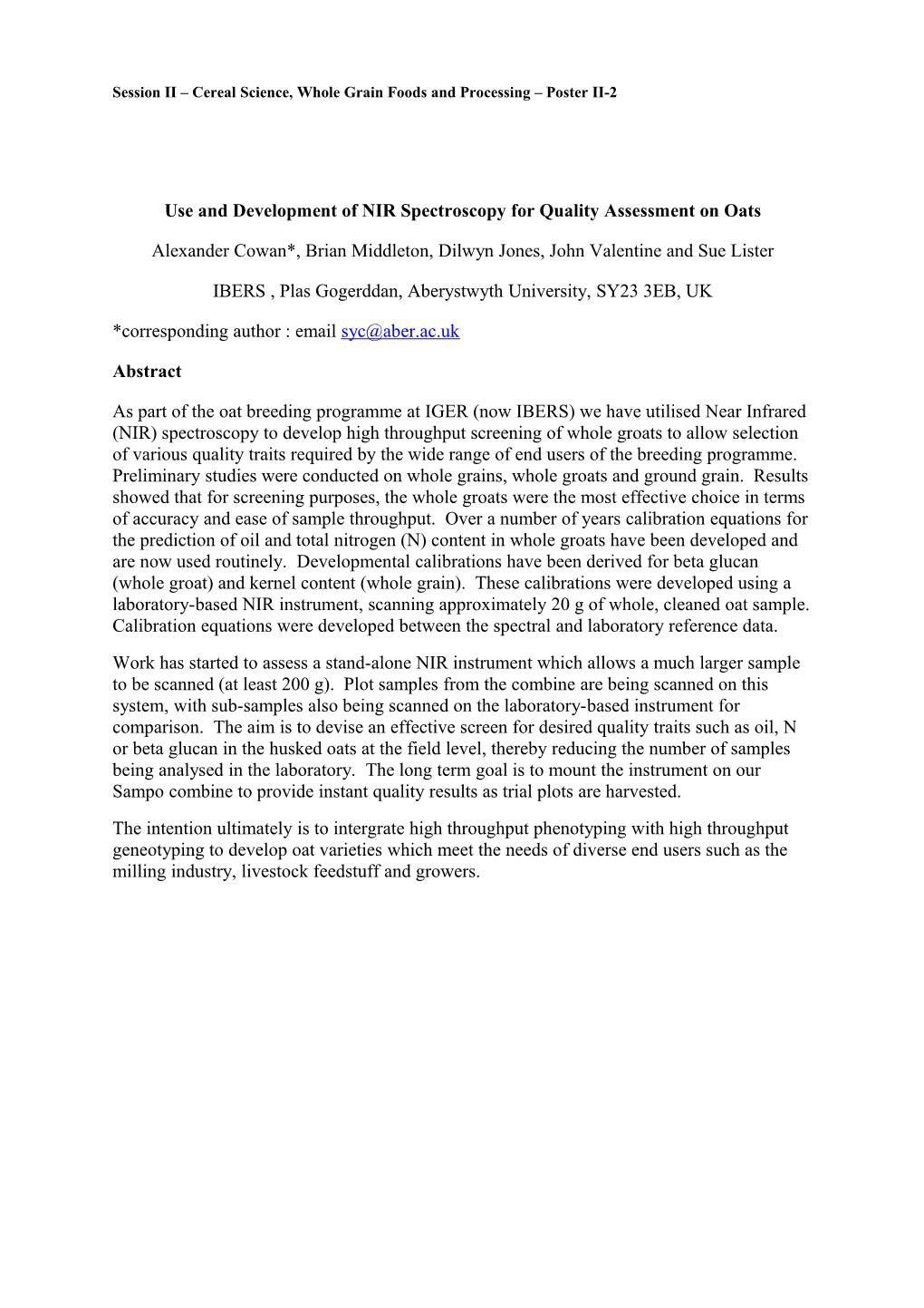 Session II Cereal Science, Whole Grain Foods and Processing Poster II-2