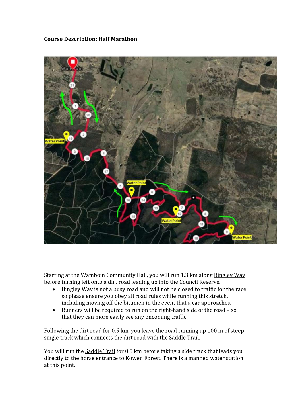 Course Description: Half Marathon Starting at the Wamboin Community