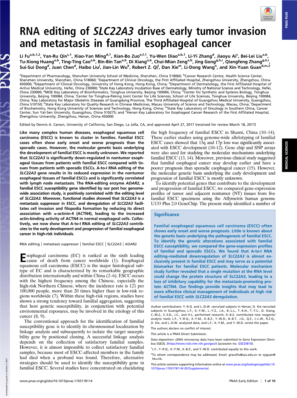 RNA Editing of SLC22A3 Drives Early Tumor Invasion and Metastasis In