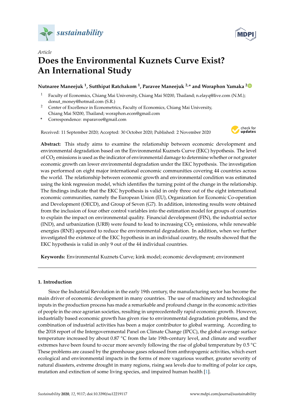 Does the Environmental Kuznets Curve Exist? an International Study