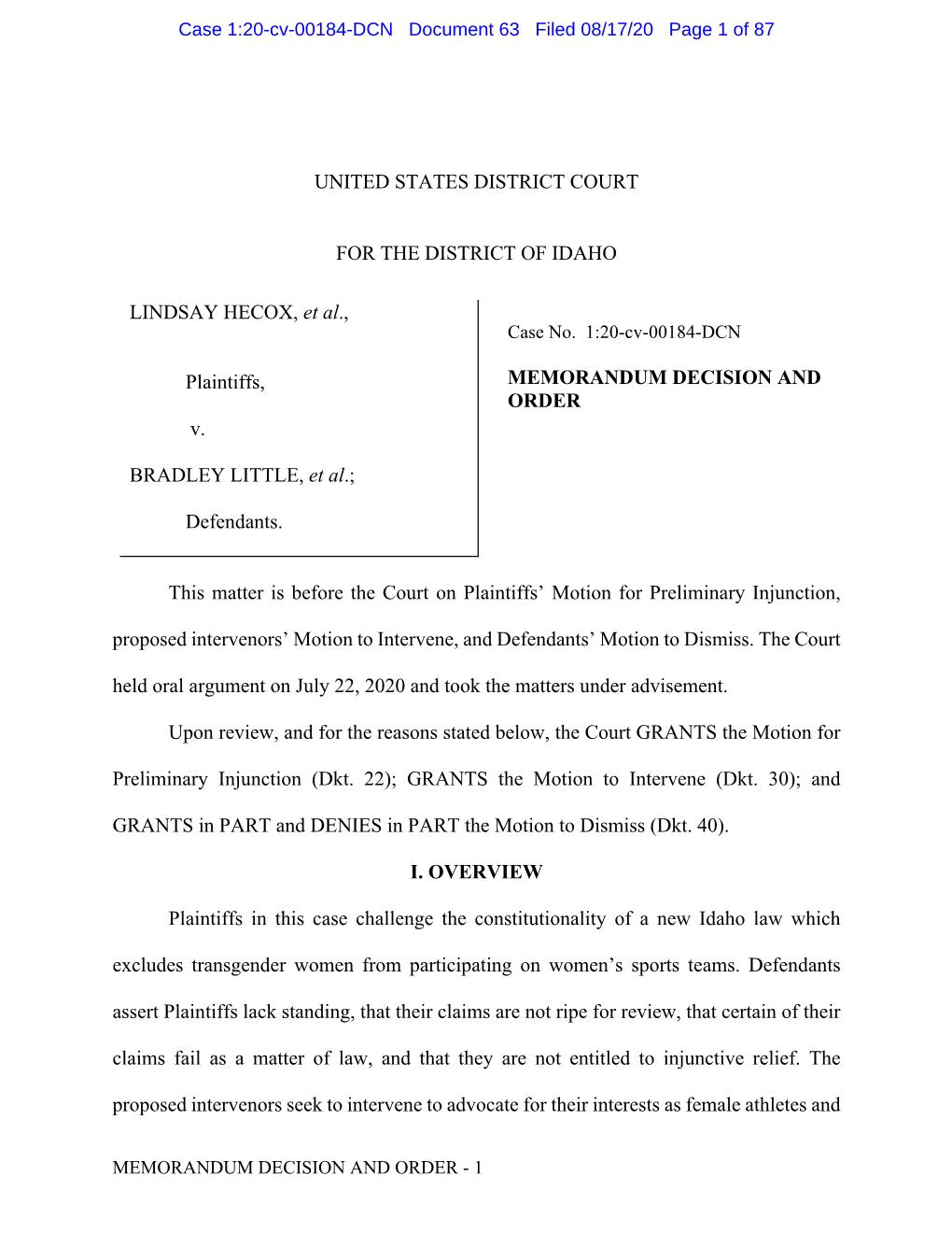 Case 1:20-Cv-00184-DCN Document 63 Filed 08/17/20 Page 1 of 87