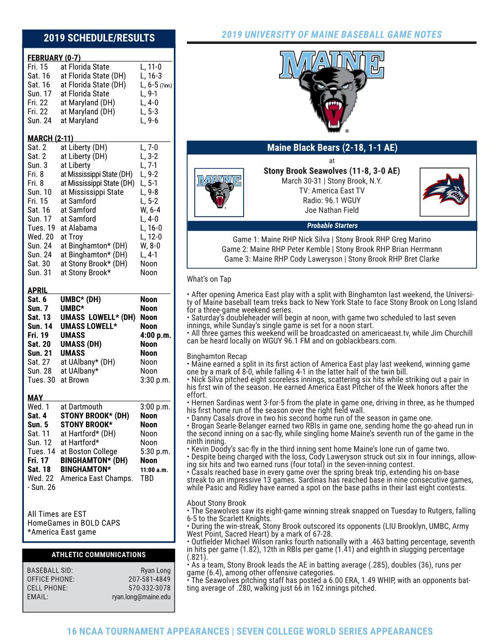 2019 Schedule/Results 2019 University of Maine Baseball Game Notes