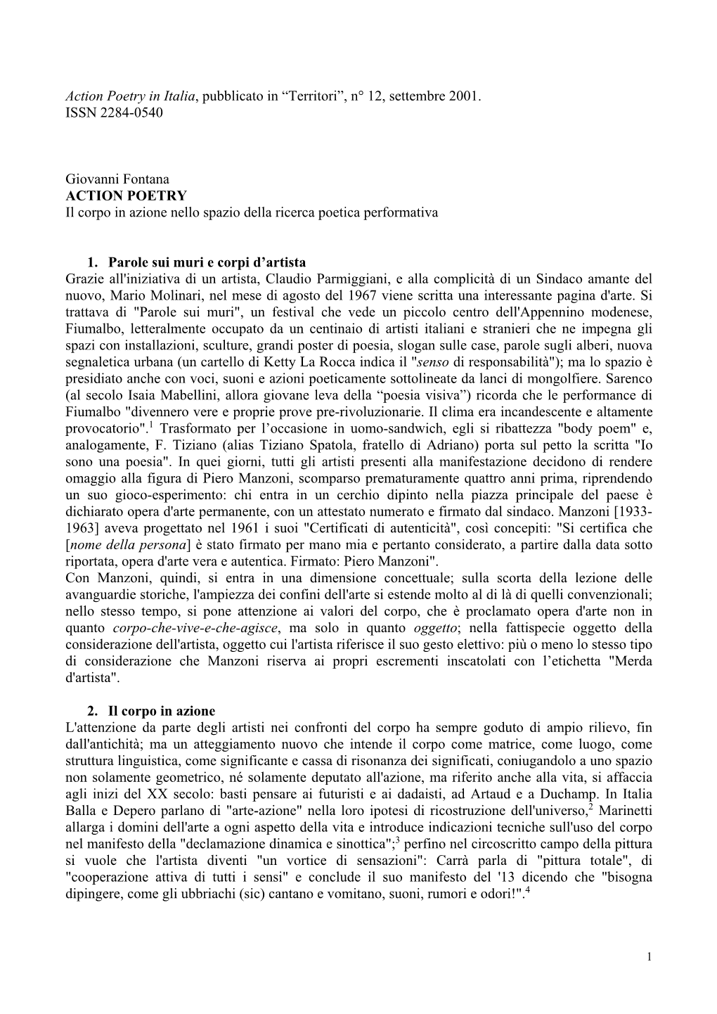 Action Poetry in Italia, Pubblicato in “Territori”, N° 12, Settembre 2001