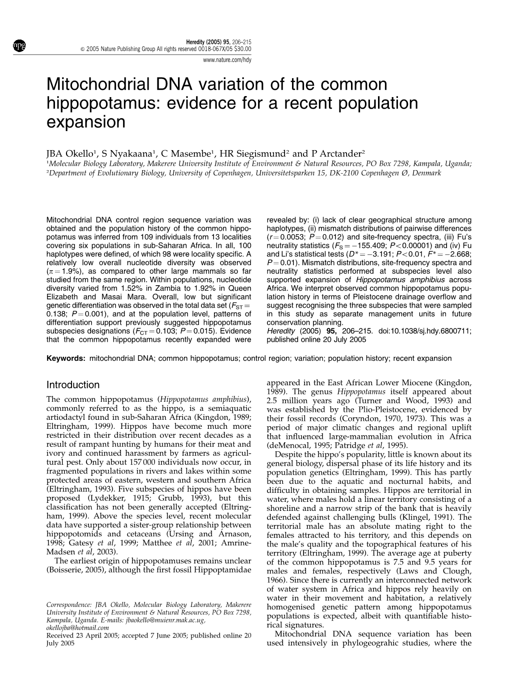 Mitochondrial DNA Variation of the Common Hippopotamus: Evidence for a Recent Population Expansion