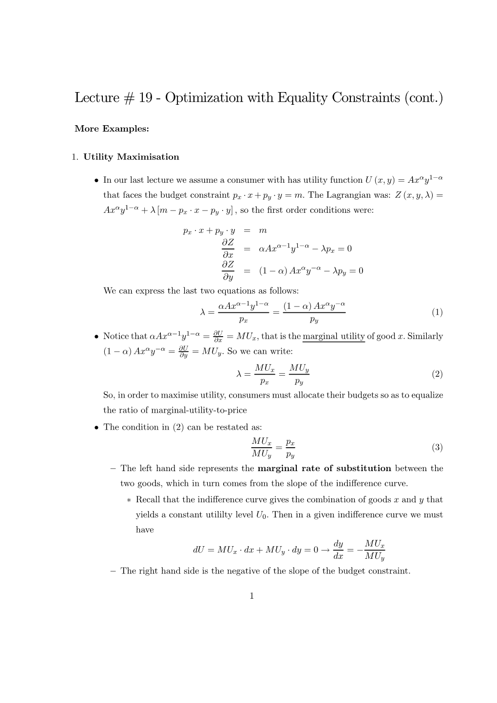 Lecture # 19 - Optimization with Equality Constraints (Cont.)