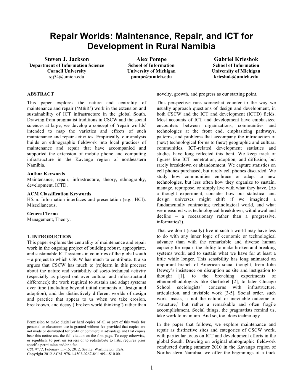 Maintenance, Repair, and ICT for Development in Rural Namibia Steven J