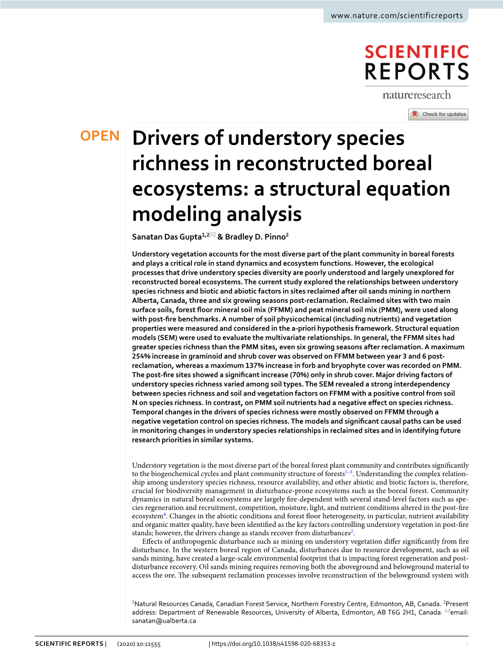 Drivers of Understory Species Richness in Reconstructed Boreal Ecosystems: a Structural Equation Modeling Analysis Sanatan Das Gupta1,2* & Bradley D