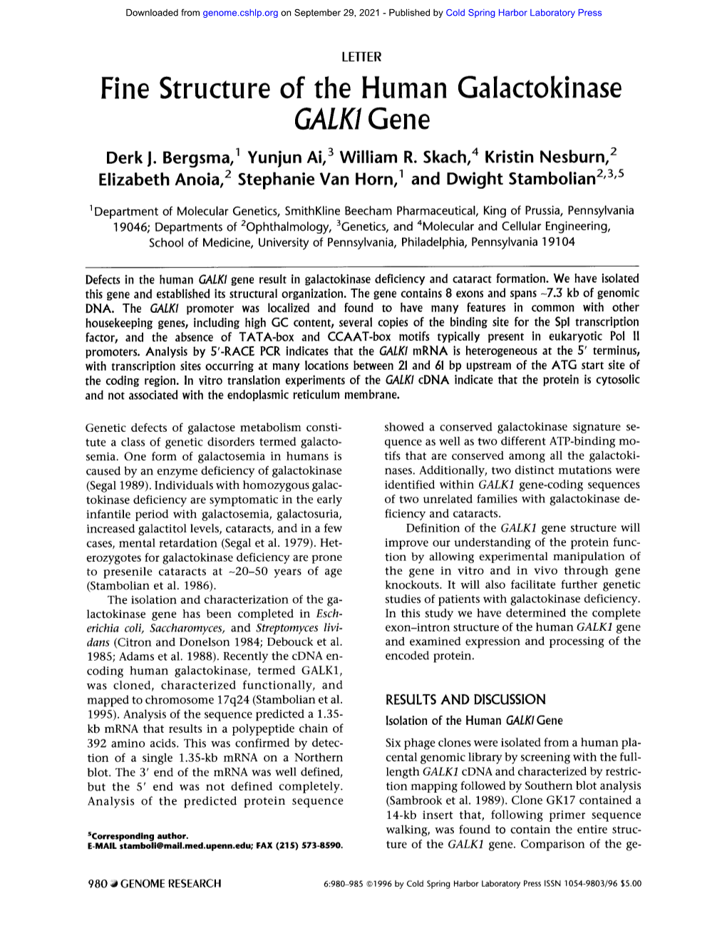 Fine Structure of the Human Galactokinase GALKI Gene Derk J