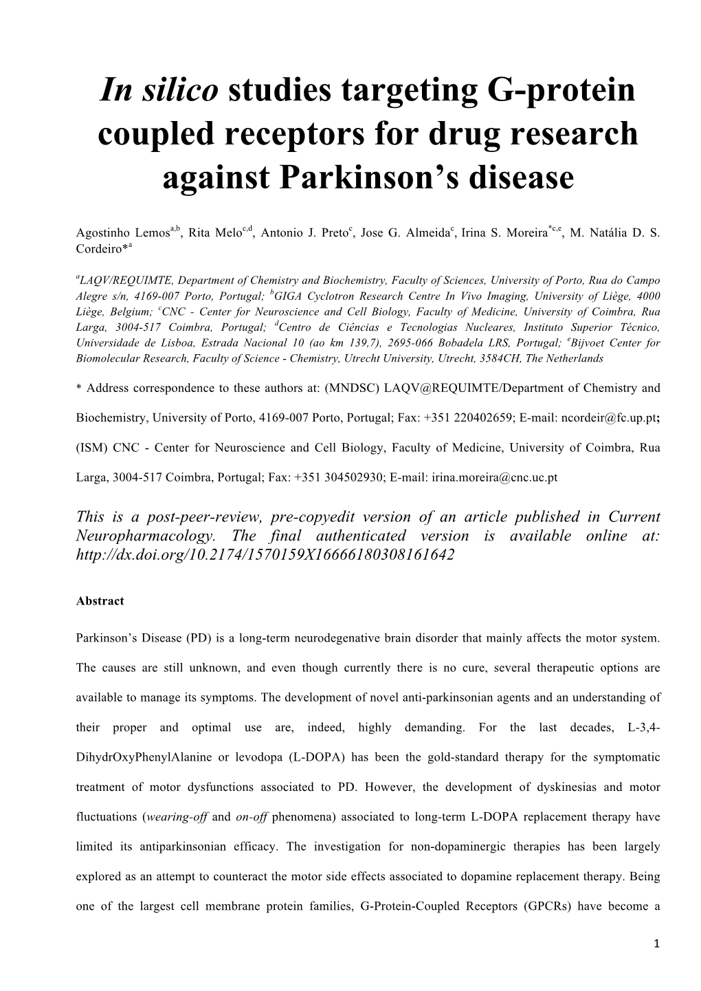 In Silico Studies Targeting G-Protein Coupled Receptors for Drug Research Against Parkinson’S Disease