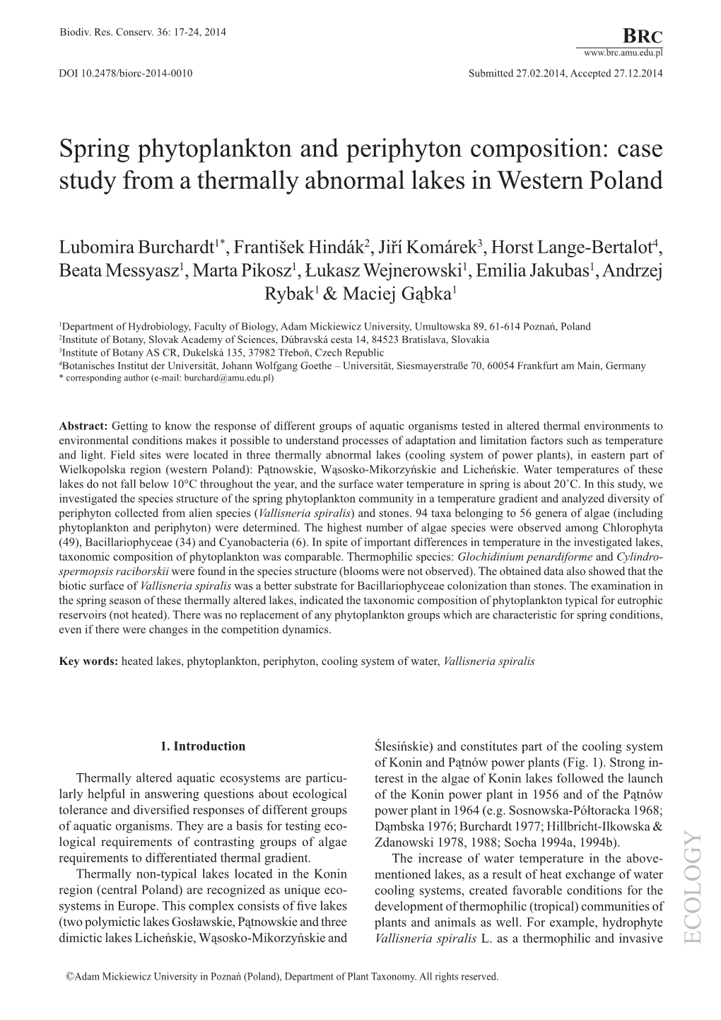 Spring Phytoplankton and Periphyton Composition: Case Study from a Thermally Abnormal Lakes in Western Poland