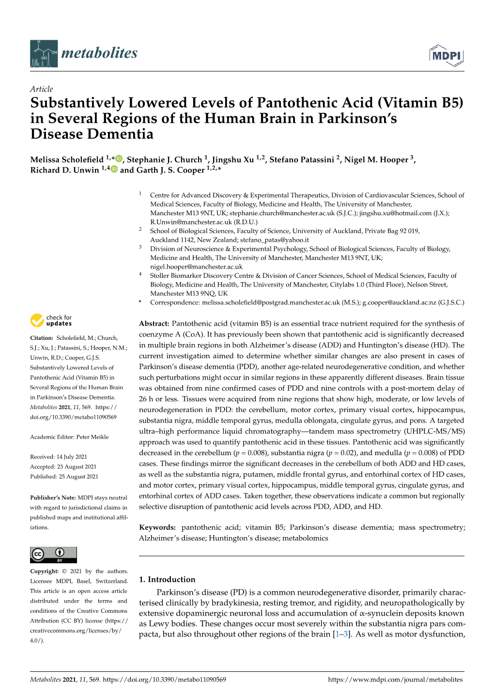 Substantively Lowered Levels of Pantothenic Acid (Vitamin B5) in Several Regions of the Human Brain in Parkinson’S Disease Dementia