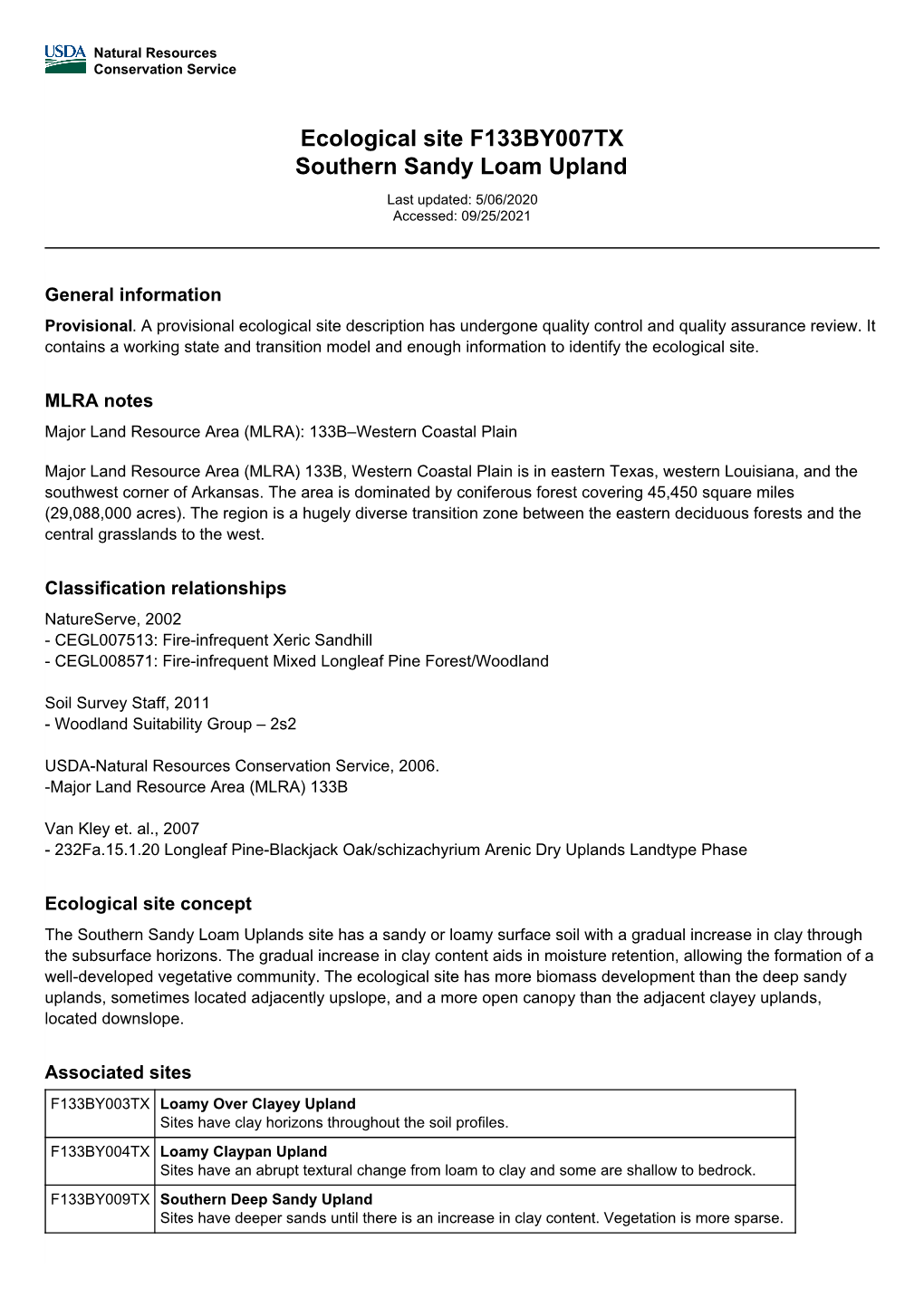 Ecological Site F133BY007TX Southern Sandy Loam Upland