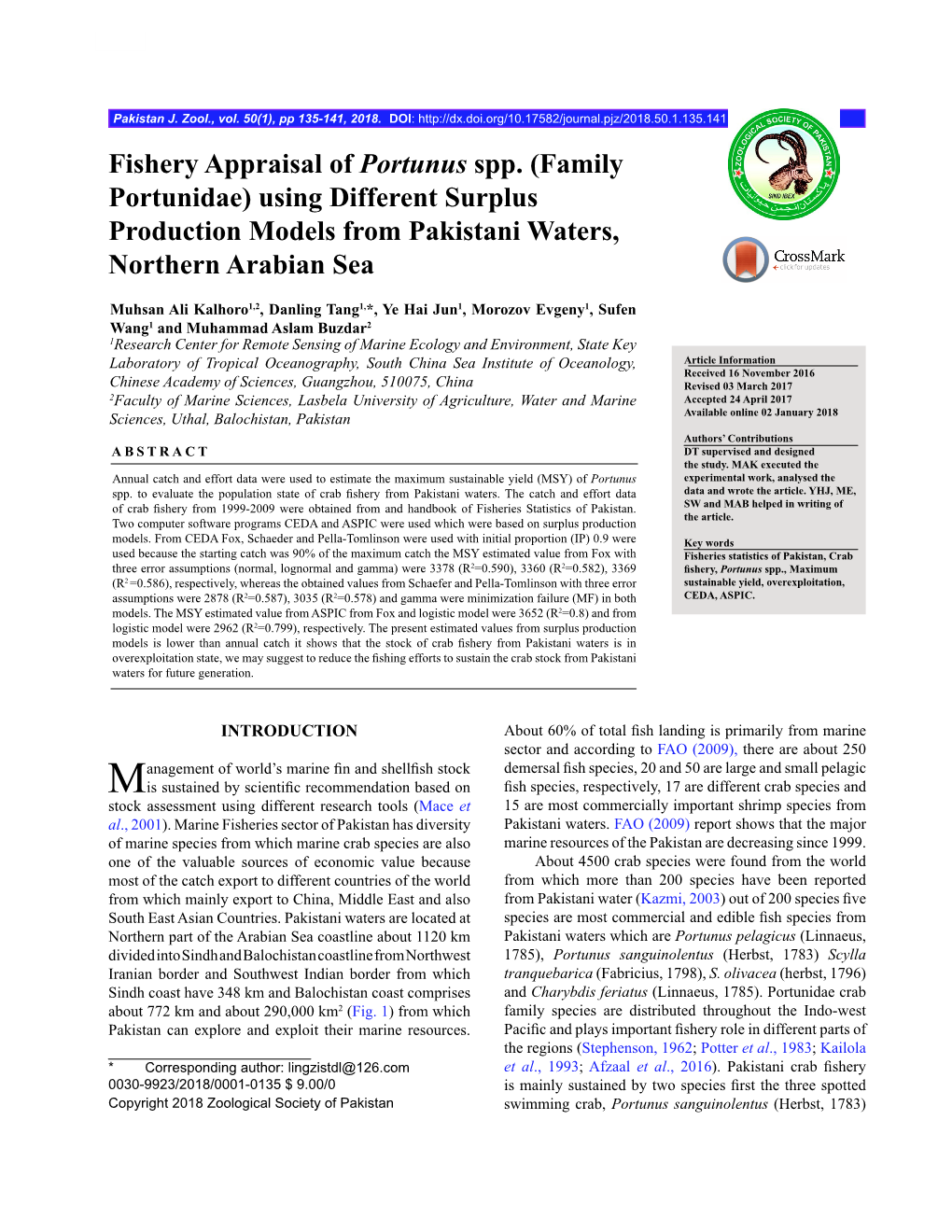 Fishery Appraisal of Portunus Spp. (Family Portunidae) Using Different Surplus Production Models from Pakistani Waters, Northern Arabian Sea