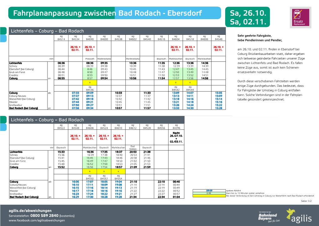 Sa, 26.10. Sa, 02.11. Fahrplananpassung Zwischen Bad