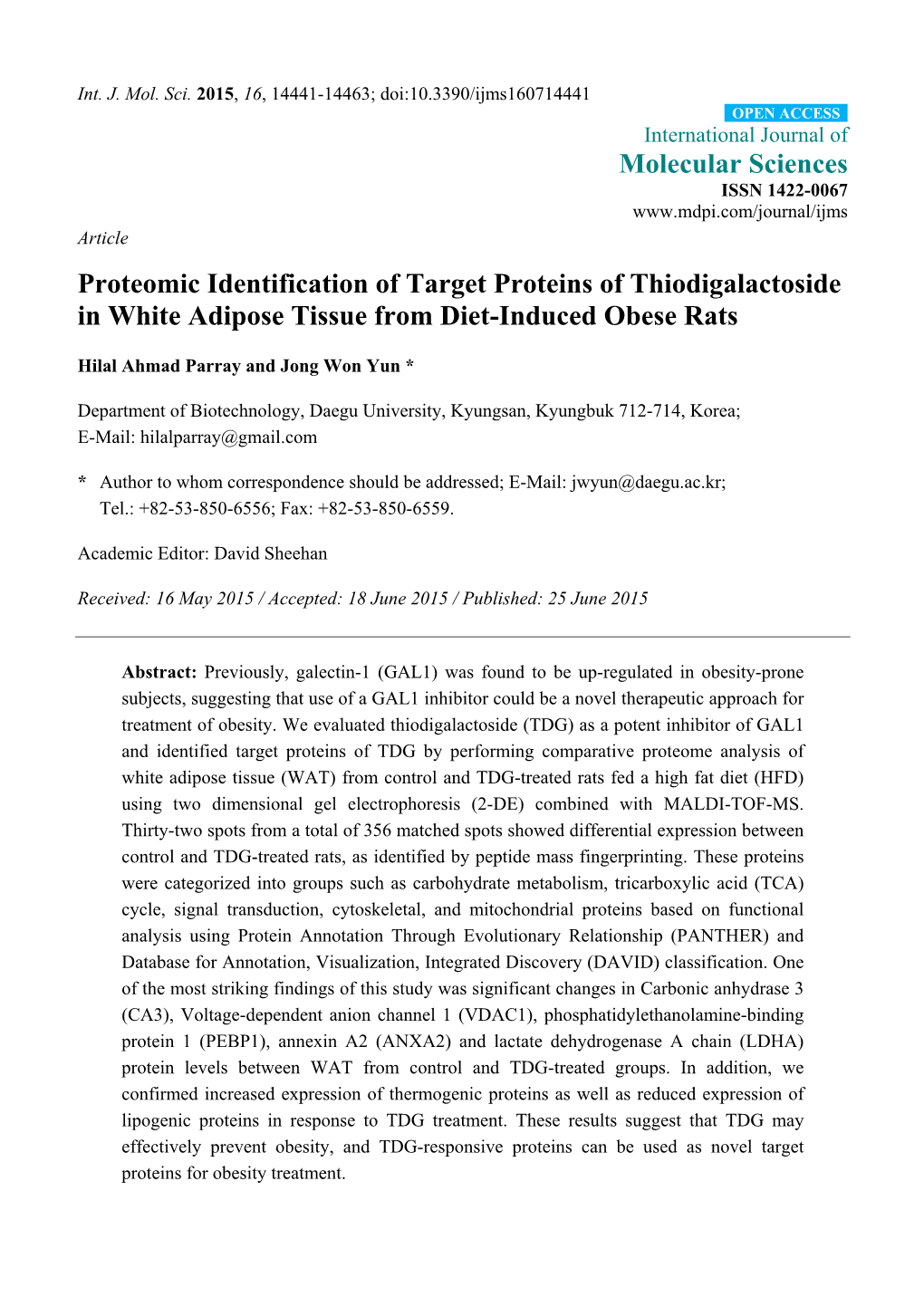 Proteomic Identification of Target Proteins of Thiodigalactoside in White Adipose Tissue from Diet-Induced Obese Rats