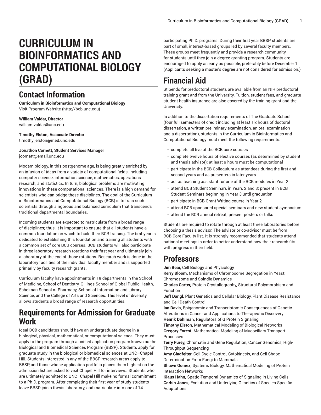 Curriculum in Bioinformatics and Computational Biology (GRAD) 1