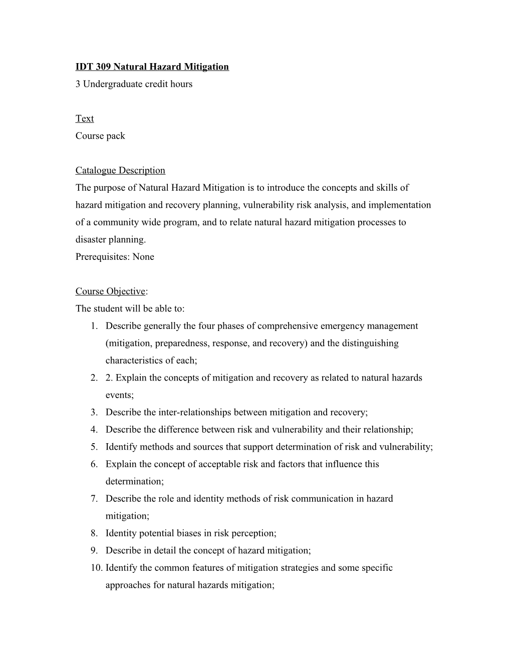 IDT 309 Natural Hazard Mitigation