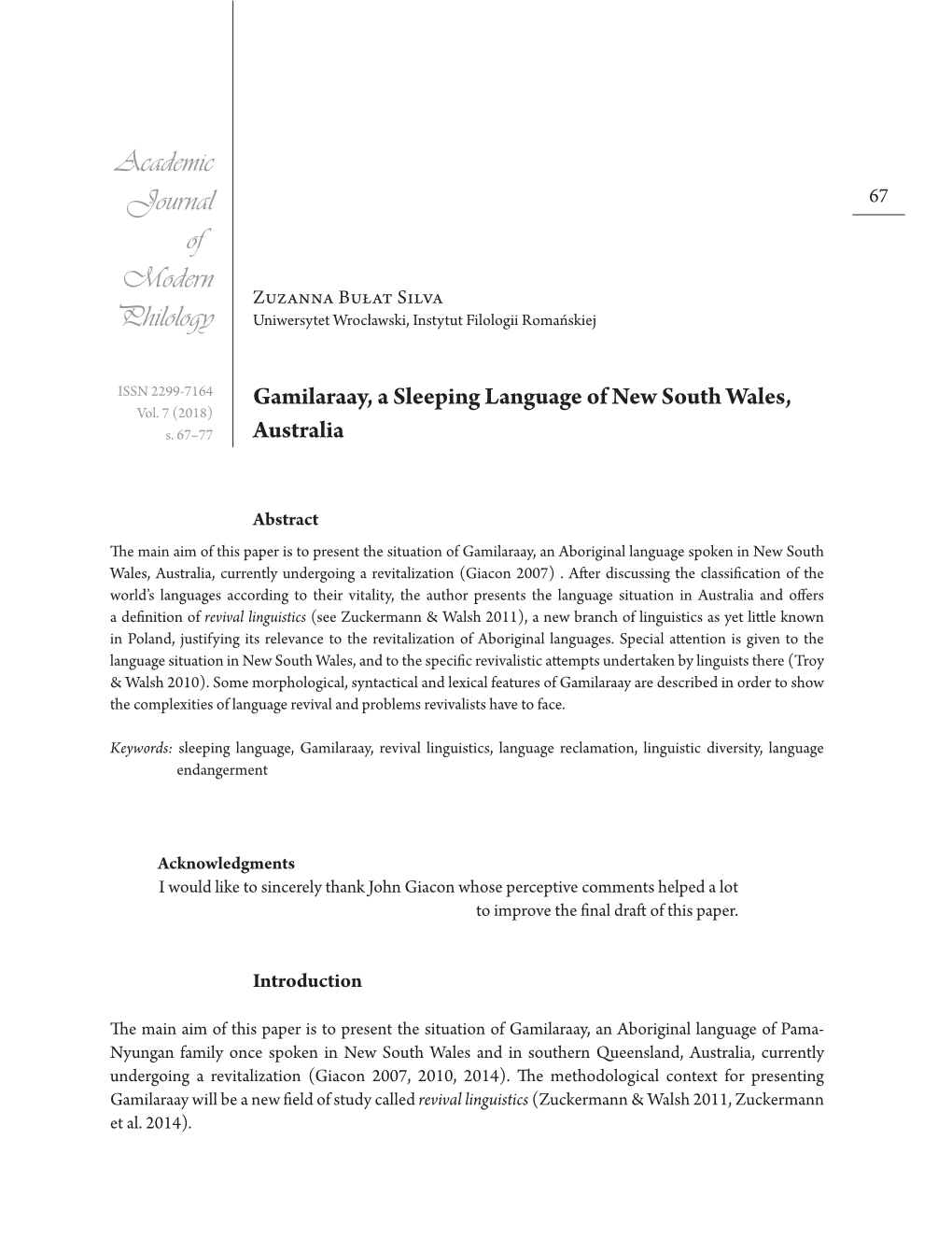 Gamilaraay, a Sleeping Language of New South Wales, Australia