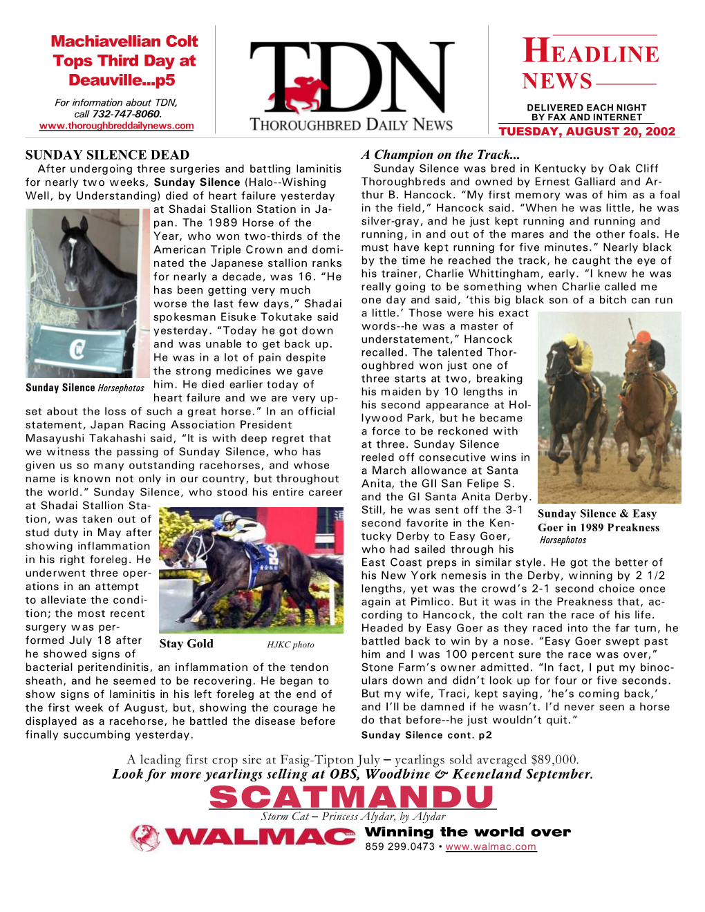 SCATMANDU Storm Cat S Princess Alydar, by Alydar Winning the World Over 859 299.0473 • TDN P HEADLINE NEWS • 8/20/02 • PAGE 2 of 6